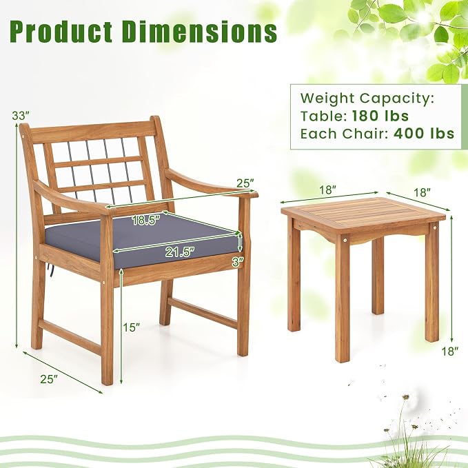 HAPPYGRILL 3 Piece Acacia Wood Patio Conversation Set, Outdoor Bistro Set with Cushions, Solid Wood Frame, 2 Armchairs & Coffee Table Set for Backyard, Porch, Poolside (Gray)