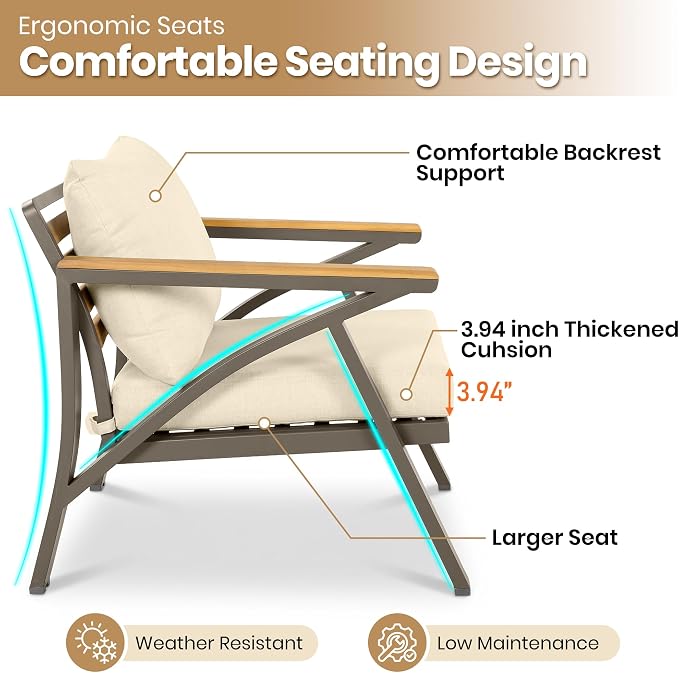 6 Piece Outdoor Furniture Set, Steel Frame Sofa Set with 3-Seat Couch, 2 Armchairs, 2 Ottomans & Acacia Wood Coffee Table, Patio Conversation Set for Garden Poolside, Brown+Cream Beige