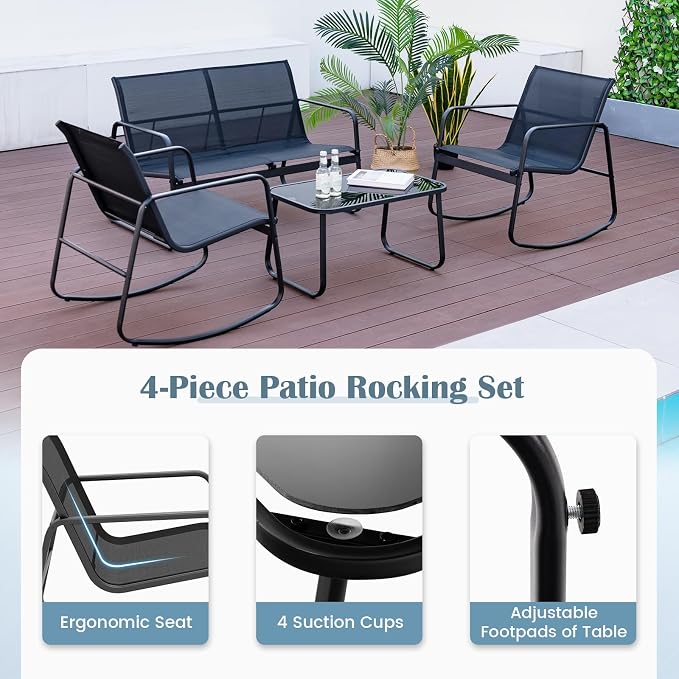 Tangkula 8 Piece Rocking Patio Furniture Set, 4 Rocking Chairs & 2 Loveseat with Glass-Top Table, Patio Rocking Set with Smooth Rocking Motion, Outdoor Rocker Conversation Set for Porch, Yard