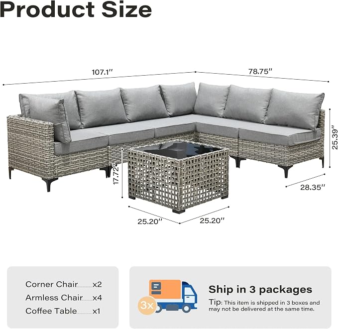 7 Pieces Patio Furniture Set with Solar Light Coffee Table, All-Weather Rattan Outdoor Sectional Conversation Sets L Shaped Sofas with Thick Cushions for Porch Balcony Backyard Dark Grey