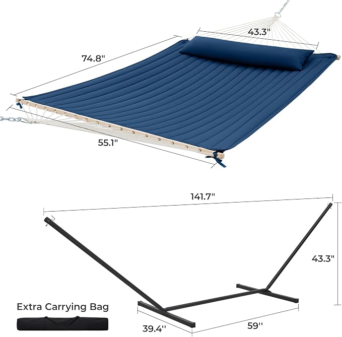 SUPERJARE 12ft Double Hammock with Stand, Rope Hammock for 2 Person, Detachable Hammock Bed and Pillow, Portable, Anti-Tip Safety Ropes, Carry Bag, Outdoor Backyard Patio Camping, Navy Blue