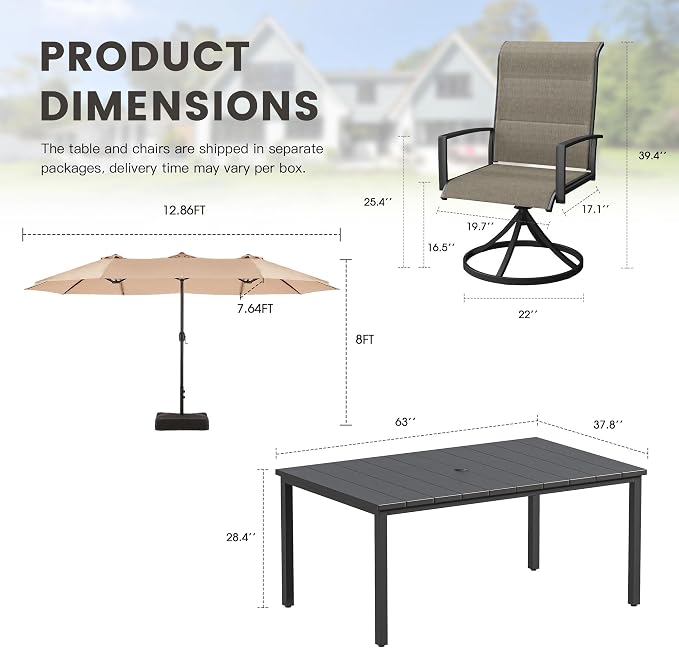 Outdoor Dining Set for 6, 8 Pieces Patio Table and Chairs Set with Umbrella, 63" Outdoor Dining Table and Padded Textilene Patio Swivel Chairs for Garden Backyard, Mixed Brown and Black