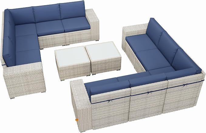 12 Piece Patio Furniture Set, 9.8" Wide Arm Sectional Sofa with Storage Armrests, All-Weather Rattan Outdoor Conversation Set for Garden, Porch, Lawn, Backyard, Balcony, Blue