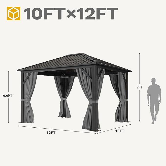 DWVO 10x12ft Gazebo Hardtop Heavy Duty Canopy with Nettings and Curtains, Galvanized Steel Outdoor Vertical Stripes Roof for Patio, Backyard, Deck, Lawns, Gray