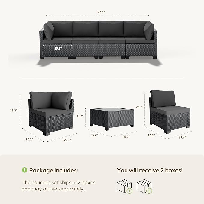 Patio Furniture Set - All-Weather - 7 Piece Patio Outdoor Conversation Set, Modular Wicker Rattan Sectional Sofa for Backyard, Garden, Poolside, Balcony, Porch, Patio,Black/Dark Gary
