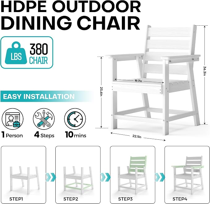 HDPE Dining Chair Set of 2, All-Weather Patio Dining Chair with Armrests, Wood Grain Texture, Heavy Duty Outdoor Furniture for Backyard, Garden.White