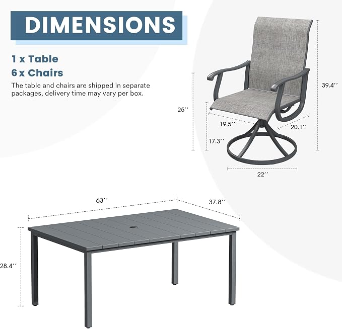 DIFY Outdoor Dining Set for 6, 7 Piece Patio Table and Chairs Set, Swivel Patio Chairs with Textilene Fabric & 63" Rectangle Metal Dining Table with Umbrella Hole, for Garden Backyard Deck, Grey