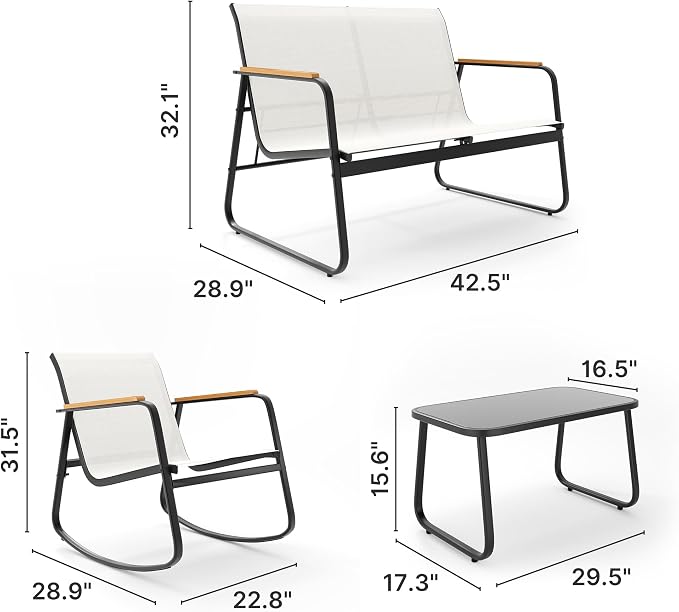Ahomly Outdoor Patio Furniture Set 4 Pieces, Conversation Textilene Fabric Chairs with Coffee Table Rocking Chairs Bistro Set for Backyard, Poolside, Porch (White)