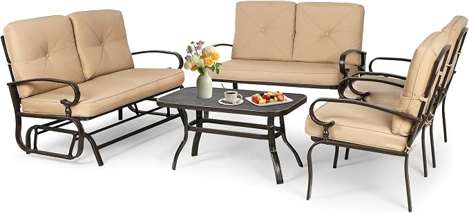 Incbruce 5 Pcs(6 Seats) Outdoor Metal Furniture Sets Wrought Iron Patio Conversation Sets, (Glider, 2 Single Chairs, Loveseat, and Coffee Table) with Cushion (Brown)