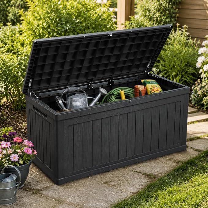 180 Gallon Large Outdoor Storage XXL Deck Box for Patio Furniture, Outdoor Cushions, Garden Tools and Sports/Pools Equipment, Waterproof Resin, Lockable, Black (Black + Plastic)
