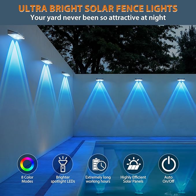 Solar Fence Lights Outdoor, 7 Fixed Colors & Color Changing IP65 Waterproof Solar Powered Lights Outdoor for Backyard/Patio/Fence/Wall/Deck/Step/Porch/Railings/Pool (16pack)