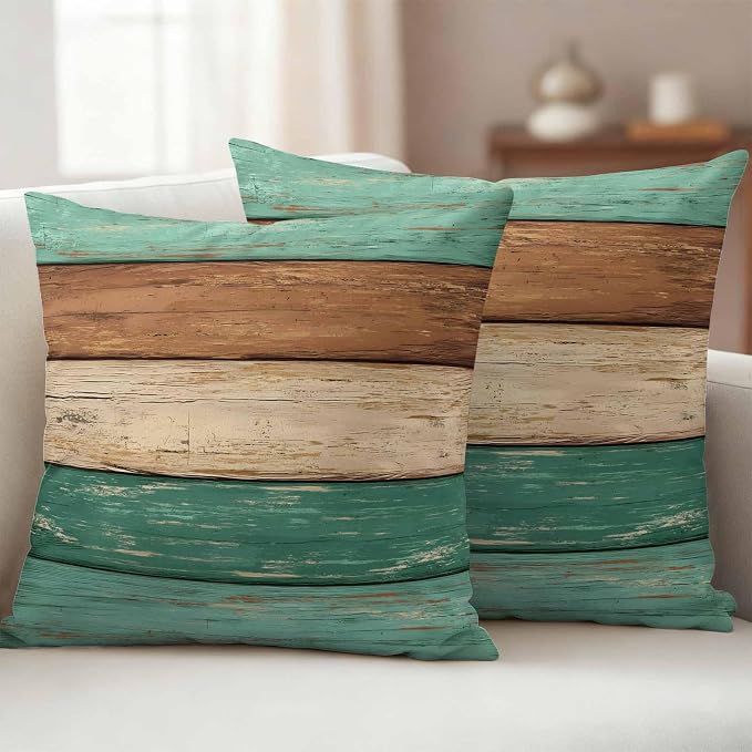 Farmhouse Teal Brown Outdoor Waterproof Pillow Covers, Vintage Wooden Striped Decorative Square Throw Pillowcase Sofa Cushion Sham for Patio/Couch/Chair, 20"x20" 2 Pack