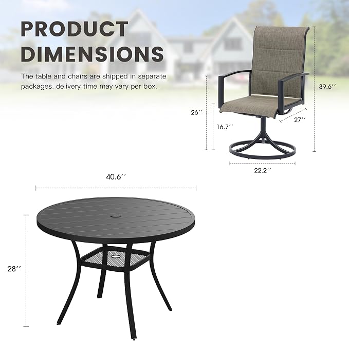 Outdoor Dining Set for 4, 40.6" Outdoor Dining Table with Umbrella Hole and Padded Textilene Patio Swivel Chairs, 5 Pieces Patio Table and Chairs Set for Garden Backyard, Mixed Brown and Black