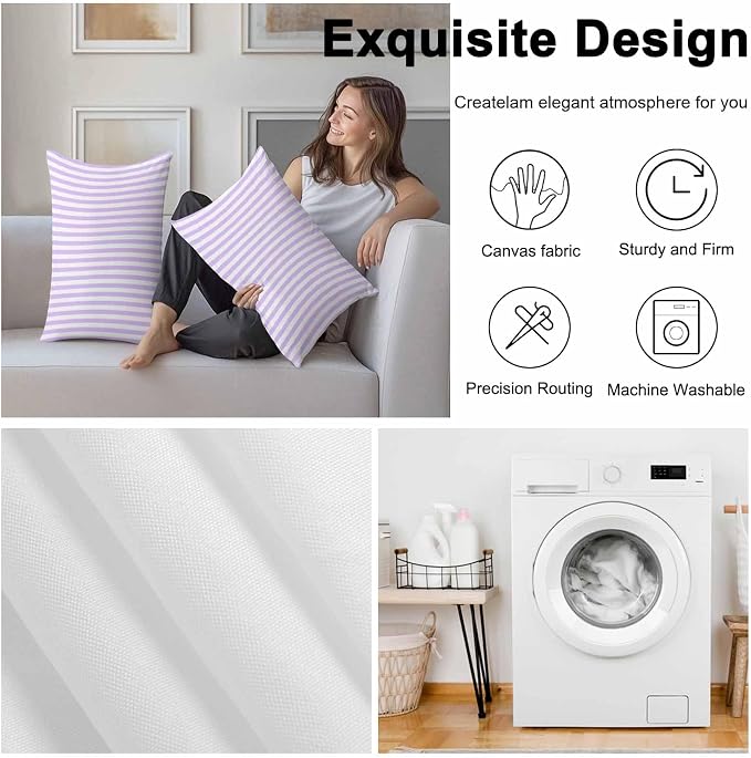 Lumbar Pillow Covers 20x12 Inch Set of 2, Purple White Stripe Waterproof Outdoor Cushion Covers, Modern Minimalist Geometric Striped Decorative Pillowcases for Couch, Sofa, Bed, Garden, Patio