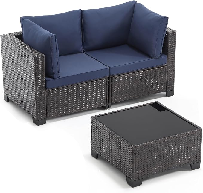 ANJ 3 Piece Outdoor Wicker Patio Furniture Set, Modular Loveseat Sofa with with Glass Top Coffee Table, All-Weather Rattan Conversation Couch Set for Balcony, Backyard, Dark Brown Wicker-Blue
