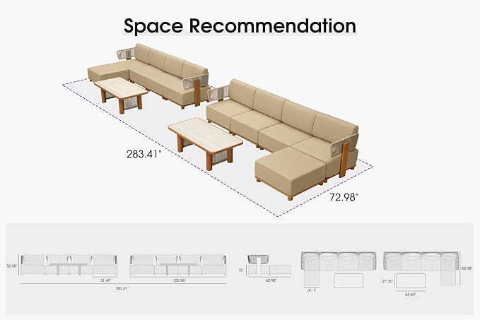 PURPLE LEAF Patio Furniture Set Modular L-Shaped Outdoor Sectional Sofa with 11" Thick Olefin Cushion 12-Piece Outdoor Conversation Set with Tables & White Lights for Backyard Garden Poolside, Beige