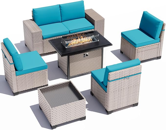 7 Pieces Patio Furniture Set with Fire Pit Table, Outdoor Sectional Wicker Sofa with Thickened Cushions and Coffee Table, High Back Rattan Patio Conversation Sets, Cyan