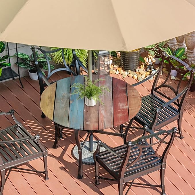OSAM SPACE Outdoor Tablecloth with Umbrella Hole, Round Elastic Fitted Table Cloth with Invisible Zipper,Wooden Picnic Patio Table Cover 45-56in