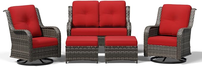 Joyside 5 Piece Wicker Patio Furniture Set, Outdoor Swivel Rocker Patio Chairs with High Back, Deep Seating, Wide Armrest, Thickened Cushions, Outdoor Furniture for Deck, Porch Use