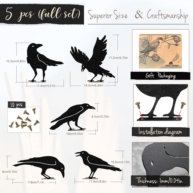 OULYDEKO Raven Decor,Metal Birds Black Bird Crow Statue,Raven Statue Fence Topper Fake Crow,Crow Decor Garden Ornament Fence Topper Gothic Home,Crow Decor,Witchy Garden Decor,Halloween Decorations