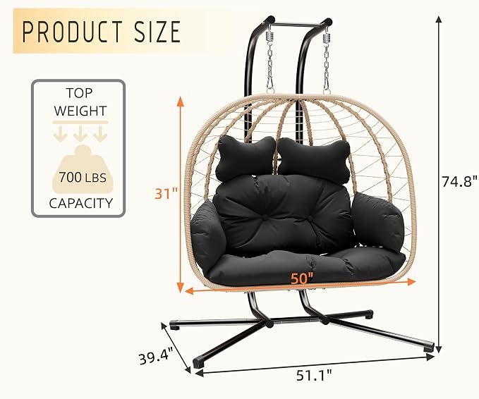 Double Indoor/Outdoor Wicker Swing Egg Chair Hammock Foldable Hanging Loveseat with Stand, UV Resistant Removable Cushions, 700LBS Capacity
