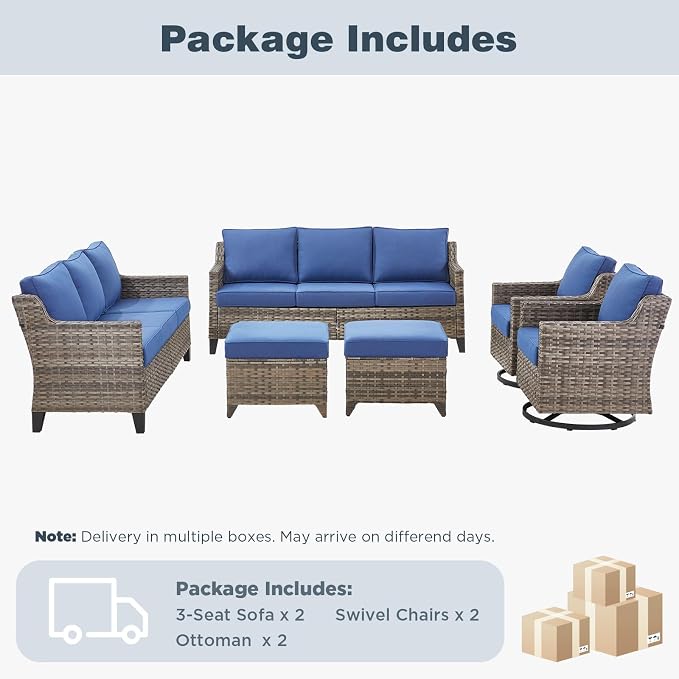 Belord Patio Wicker Swivel Rocker Patio Chairs with 3-Seater Sofa, Outdoor Rattan Chairs for Deck Porch Poolside, 6 Piece Luxury Patio Furniture Set, Blue