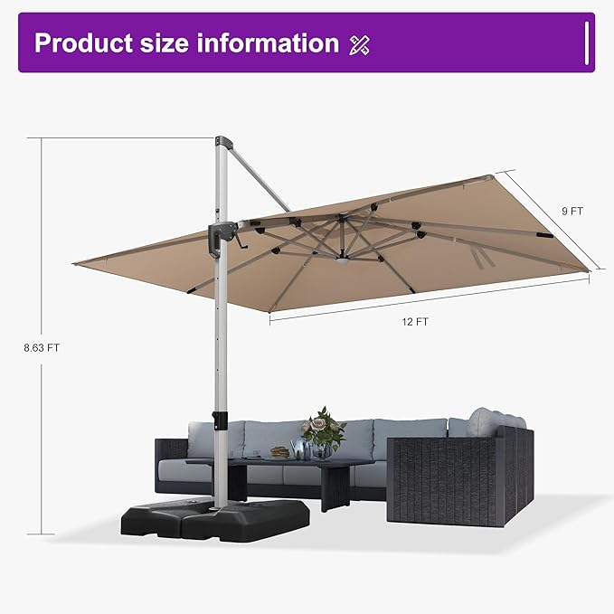 PURPLE LEAF 9' X 12' Patio Umbrella with Lights Outdoor Rectangle Cantilever Umbrella Solar Powered LED with 360-degree Rotation for Garden Deck Pool Patio, Beige