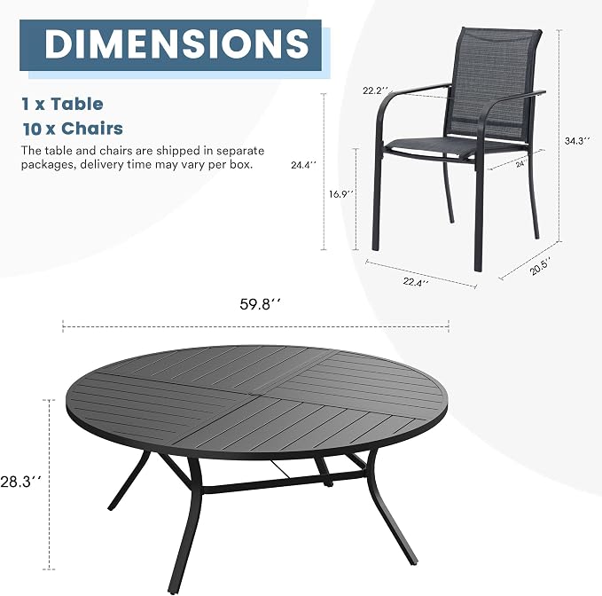 DIFY Patio Dining Set for 10, 11 Piece Outdoor Table and Chairs Set, 59.8" Black Round Metal Patio Dining Table and 10 Grey Textilene Stackable Patio Chairs, for Backyard Garden Poolside