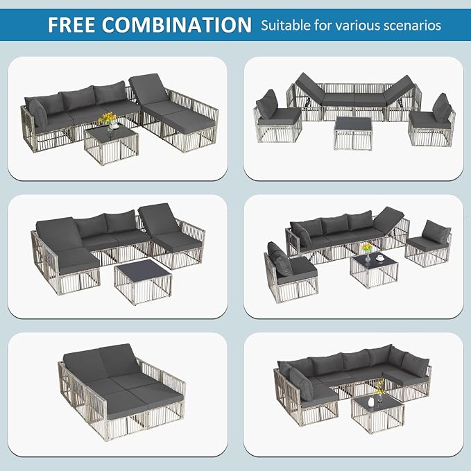 FHFO 7 Piece Outdoor Wicker Patio Furniture Set, Grey/Dark Grey | Sectional Sofa | All-Weather Hand-Woven Rattan | Tempered Glass Coffee Table | Adjustable Backrest | Indoor & Outdoor Use