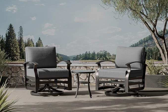 Outdoor Patio Furniture Set, 3 Piece Aluminum Metal Chairs Swivel Rocker, Overstuffed Washable Cushions Bistro Set for Porch, Balcony, Deck, Garden Grey