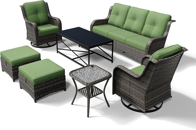 Joyside 7 Piece Wicker Patio Furniture Set, Outdoor Swivel Rocker Patio Chairs with High Back, Deep Seating, Wide Armrest, Thickened Cushions, Outdoor Furniture for Deck, Porch Use