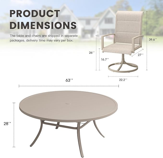 Outdoor Dining Set for 8, 63" Outdoor Dining Table with Umbrella Hole and Padded Textilene Patio Swivel Chairs, 9 Pieces Patio Table and Chairs Set for Garden Backyard, Sandshell