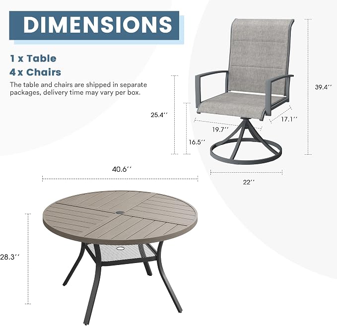 DIFY 5 Pieces Outdoor Patio Dining Set, 4 Grey Padded Textilene Swivel Dining Chairs and 40.6" Grey Wood-Like Round Metal Dining Table, Outdoor Table and Chairs for Poolside Backyard Deck