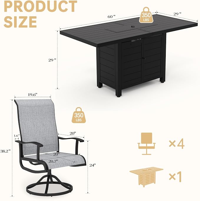 PIZZELLO 5 Pieces Patio Furniture Set w/ 60" Gas Fire Pit Table and 4 Patio Swivel Dining Chairs, Outdoor Conversation Set 50,000 BTU Aluminum Propane Fire Pit Patio Chairs Set of 4 for Backyard