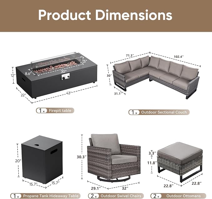 HUMMUH 9 Piece Patio Furniture Set,Outdoor Sectional Sofa Couch & Swivel Rocker Chairs,Propane Firepit with Hidden Fuel Tank,Outdoor Conversation Set for Porch,Garden,Backyard
