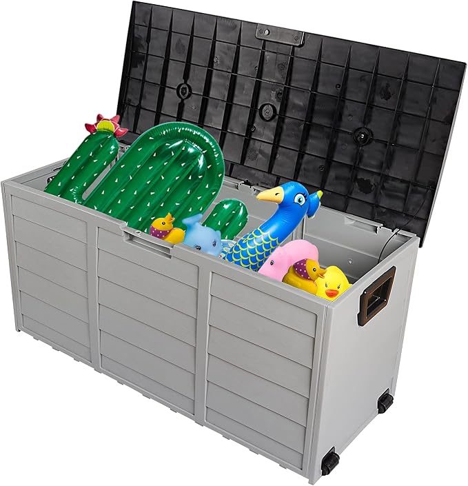75Gal Outdoor Storage Box Deck Box Outdoor Garden Plastic Storage Deck Box Lockable Storage Box Outdoor Toy Box Patio Furniture for Garden Pool Balcony Yard Porch Delivery Black & Grey