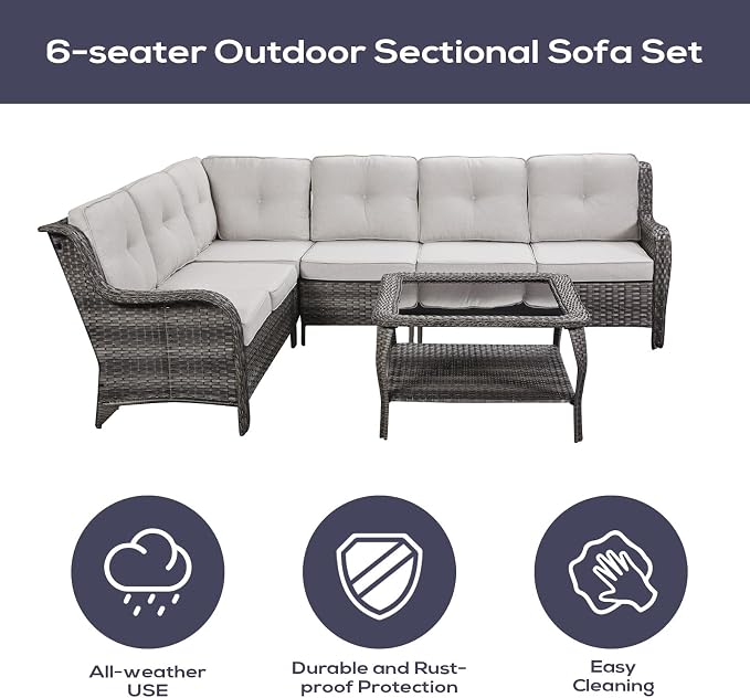 Belord Patio Furniture Set 6 Seats, Oversized Outdoor Sectional Couch, Two 3-Seater Sofas with Coffee Table, Patio Conversation Sets,Ideal for Porch, Deck, Mixed Grey Wicker/Beige Cushion