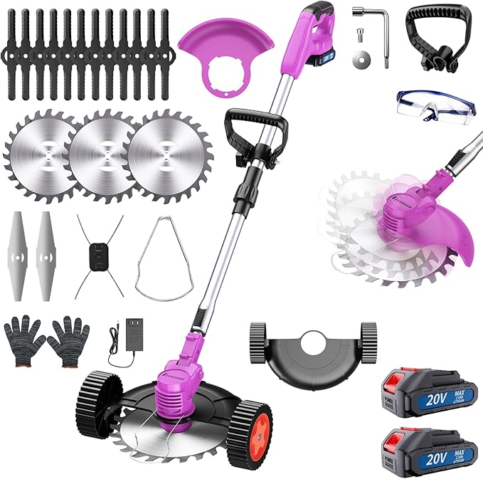 20V Electric Wacker Cordless Grass Trimmer ((Purple) 2*Batteries+Wheel)