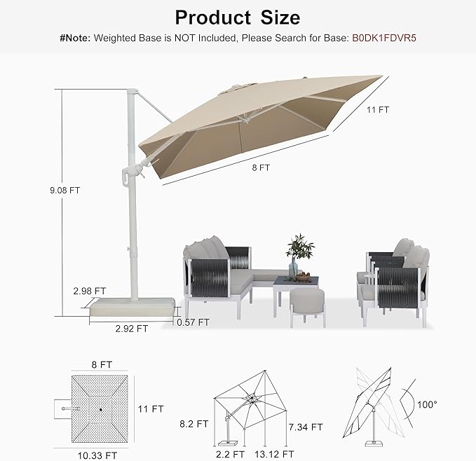 PURPLE LEAF 8' X 11.5' Right-left Tilt White Cantilever Umbrella with Base Patio Outdoor Swivel Umbrellas with Aluminum Tilt Offset Umbrella with 360° Rotation for Deck Pool, Beige