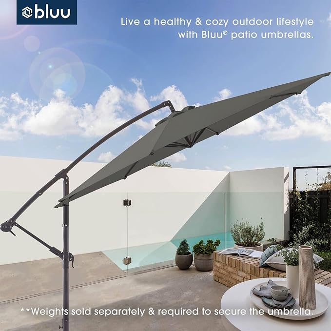BLUU BANYAN 10 FT Patio Offset Umbrella Cantilever Hanging Umbrellas, 24 Month Fade Resistance & Water-repellent UV Protection, Crank & Cross Base (Grey, 10 FT WITH 600D COVER)
