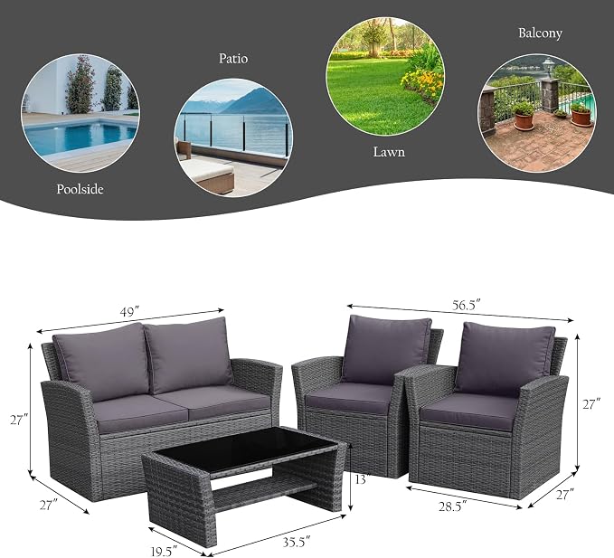 RELAX4LIFE 4 PCS Wicker Patio Furniture Set with Soft Cushions & Tempered Glass Table Outdoor Rattan Sofa Set for Backyard Garden Balcony Poolside Sectional Conversation Couch Set (Gray)