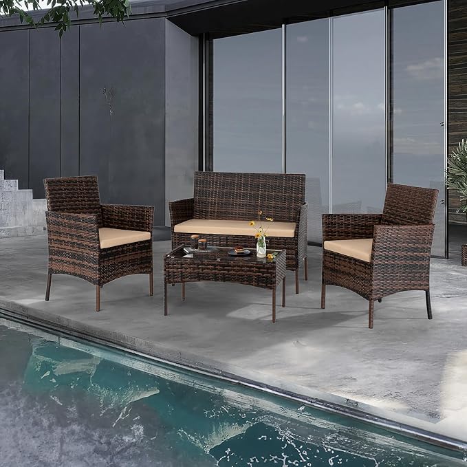 Outvita 4 Pieces Patio Furniture Set, Rattan Conversation Sets with Loveseat Soft Cushion and Glass Table for Garden Backyard Balcony Porch Poolside(Brown Gradient)