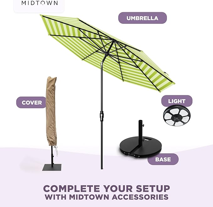 The Swilt 9 Feet Outdoor Umbrella With Terylast Pear Stripes (Green/White) Polyester Fabric - Fiberglass Ribs, Auto-Tilt And Swivel Aluminum Frame Patio Umbrella For Deck, Garden, Pool - Black Pole