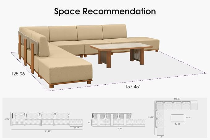 PURPLE LEAF Patio Furniture Set L-Shaped Outdoor Sectional Sofa with 11" Thick Cushion 9-Piece Outdoor Conversation Set with Ottomans and White Lights for Backyard Poolside Table Included, Beige