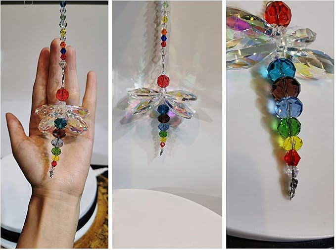 Crystal Dragonfly Suncatcher Rainbow Maker Window Hanging Pendant Decor | Dragonfly Crystal Prism Suncatcher Rainbow Light Catcher Feng Shui Pendant for Window Car Rear View Mirror Home Garden Decor