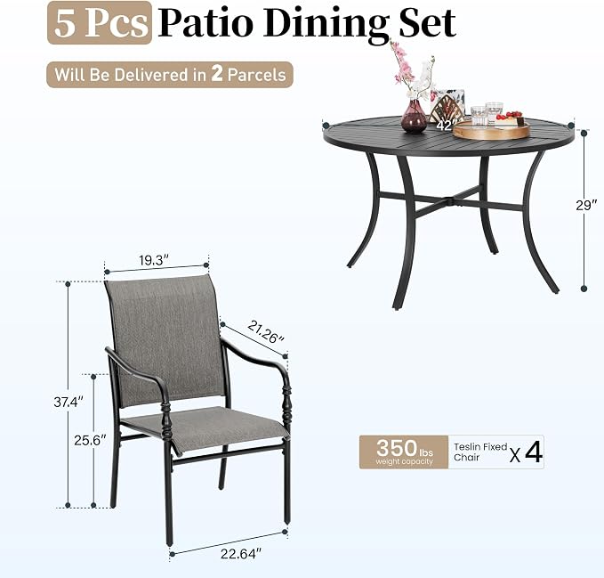 SUNSHINE VALLEY Patio Table and Chairs Set of 4, All-Weather Breathable Textilene Patio Chair with Gourd-Shaped Armrests, 42x42 Round Table with Umbrella Hole, 5 Pcs Metal Frame Patio Dining Set