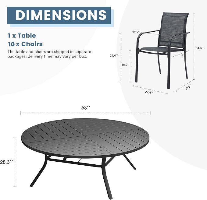 DIFY 11 Pieces Outdoor Patio Dining Set for 10, 63" Black Round Metal Patio Table and 10 Grey Stackable Textilene Patio Chairs, Outdoor Table and Chairs for Backyard Garden Poolside