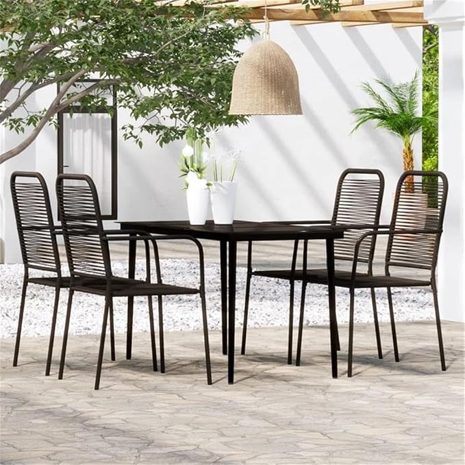 Afuera Living Powder-Coated Steel Patio Dining Set, 5-Piece, Black Finish, Rectangular Table with Tempered Glass Top, 4 Chairs with Cotton Seats, Weather-Resistant Outdoor Furniture for Garden or