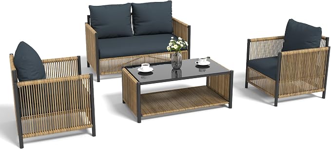 Aluminum Outdoor Patio Furniture Set - 2 Pcs Armchair, Loveseat & Dual-Layer Coffee Table - Rope Sectional Conversation Sofa Sets with Washable Thick Cushion for Garden/Backyard/Porch
