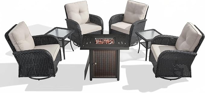 7 Piece Patio Furniture Set with Fire Pit Table - Wicker Patio Conversation Set with 4 Swivel Glider Chairs and 2 Tempered Glass Side Tables for Deck Backyard - Black Wicker Beige Cushion